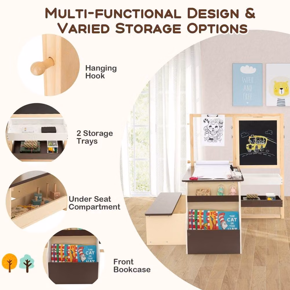 Costway Kids Wooden Art Easel, Table and Bench Set with Blackboard in Brown – 3
