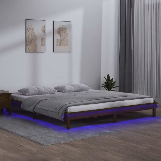 Berkfield Home Solid Wood Small Double LED Bed Frame with USB Charging Port, Brown, W/D/H: 120 x 190 cm – 1
