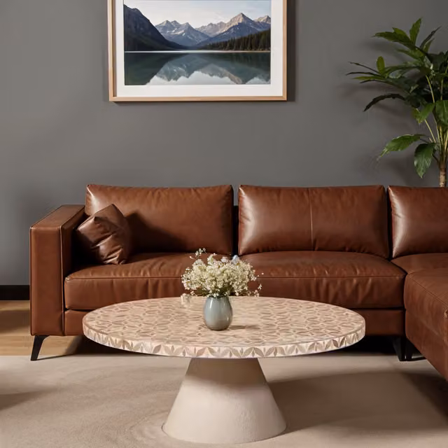 IH Design Round Lacquered Acacia Wood Floral Low Coffee Table in Brown and Multicolour