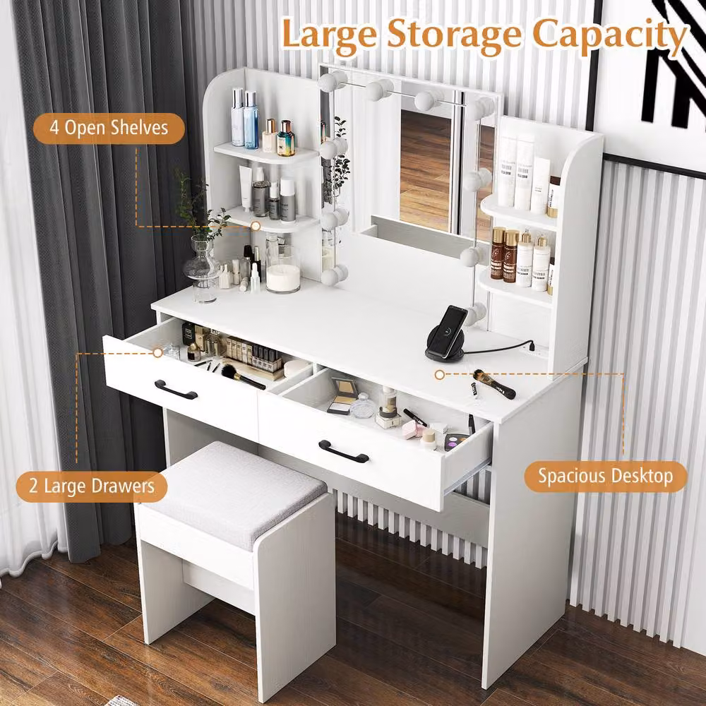 Costway Modern Vanity Desk and Chair Set with Hollywood LED Mirror in White – 3