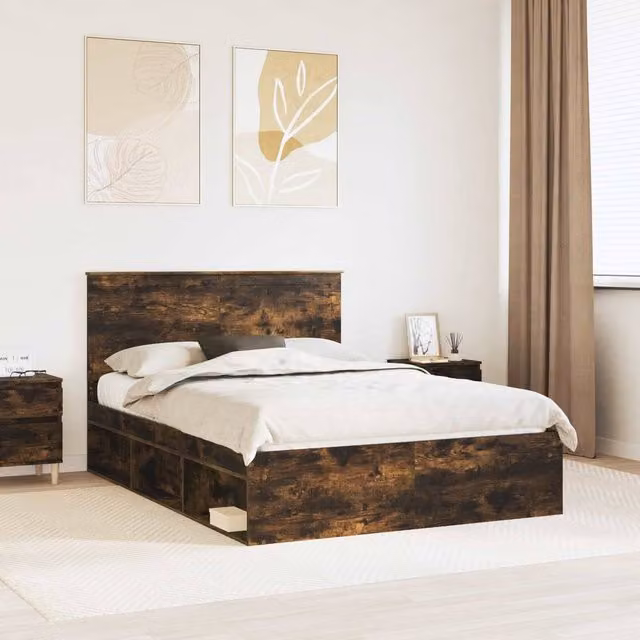 Berkfield Home Modern Bed Frame in Smoked Oak Brown, Solid Pine and Engineered Wood, W: 135 cm, L: 190 cm – 1