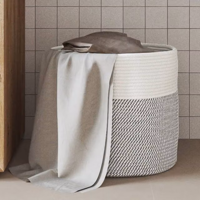 Berkfield Grey and White Open Weave Cotton Storage Basket with Handles, W: 40 cm, D: 35 cm, H: 35 cm – 1