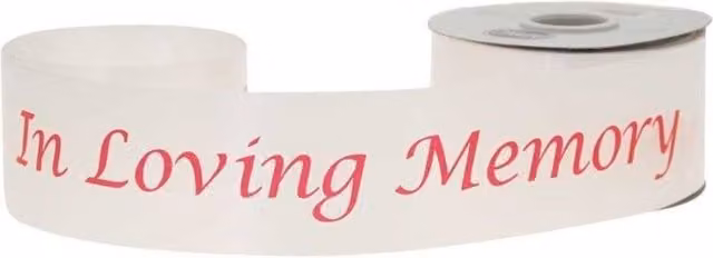 KDMD In Loving Memory Poly Ribbon, White with Red Text, Width: 5.08 cm, Length: 45.72 m