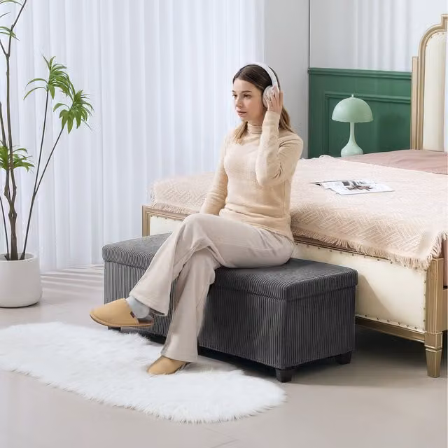 HOMCOM Grey Fabric Striped Storage Ottoman Bench with Lid and Legs, Width: 112 cm