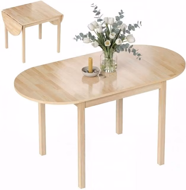 Nordara Beige Solid Pine Wood Drop Leaf Dining Table with Rounded Rectangular Top, W/D/H: 120 x 70 x 75 cm – 1