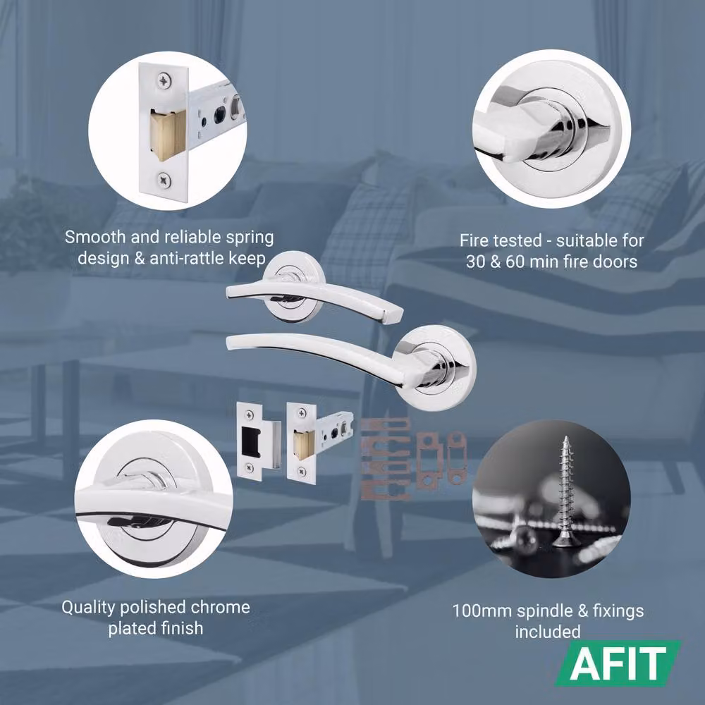 AFIT Polished Chrome Fire Door Handle and Latch Set in Silver – 2
