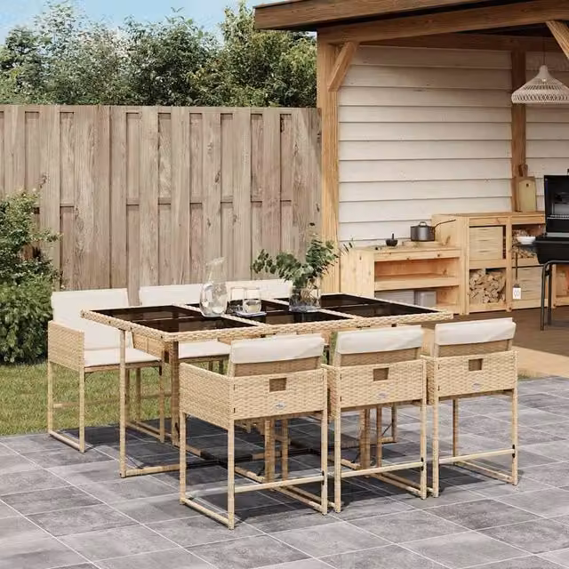Berkfield Home Modern Polyrattan Garden Dining Set with Glass Top in Beige, White and Black
