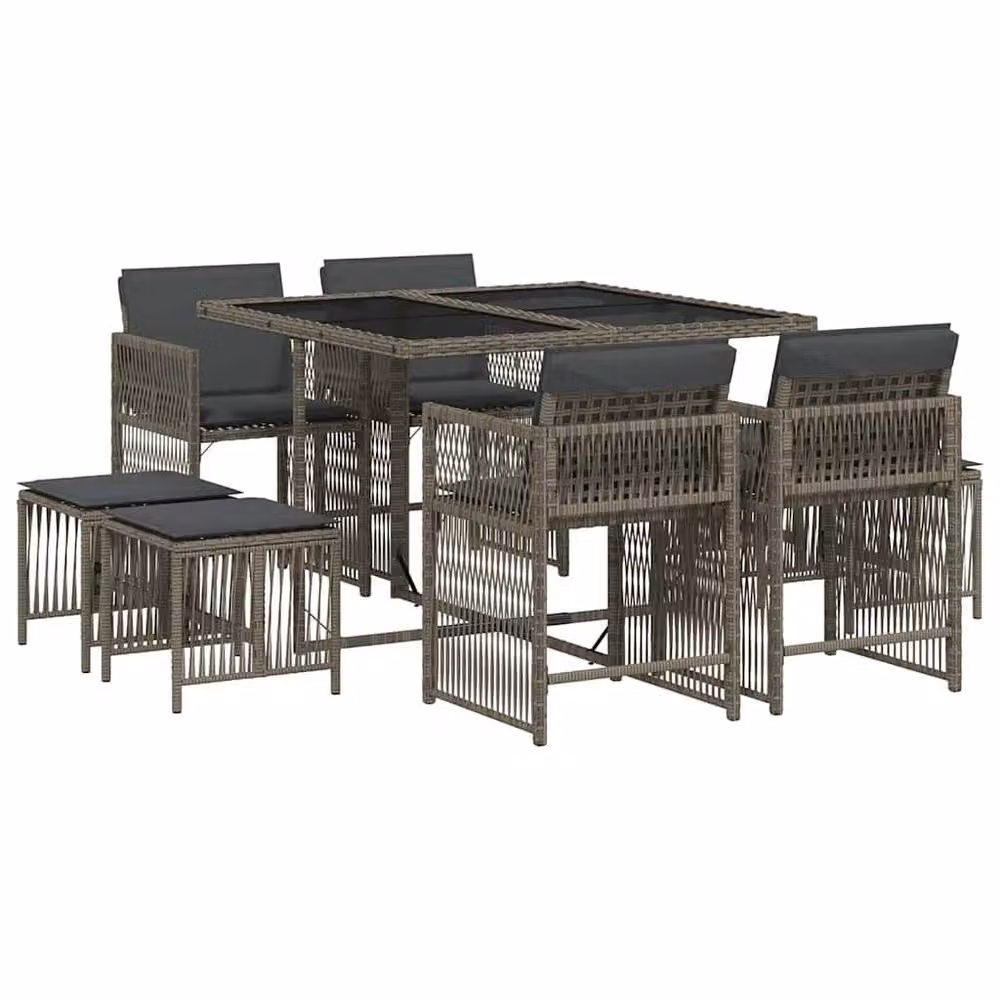 Berkfield Home 9 Piece Grey Poly Rattan Garden Dining Set with Cushions and Glass Top – 2