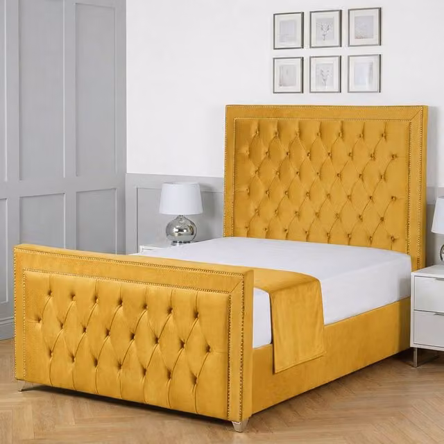 Living Comfort Bedz Metro Plush Velvet Upholstered Bed with Slatted Base and 48 Inch Headboard, Mustard Yellow, W/D/H: 140 x 200 cm