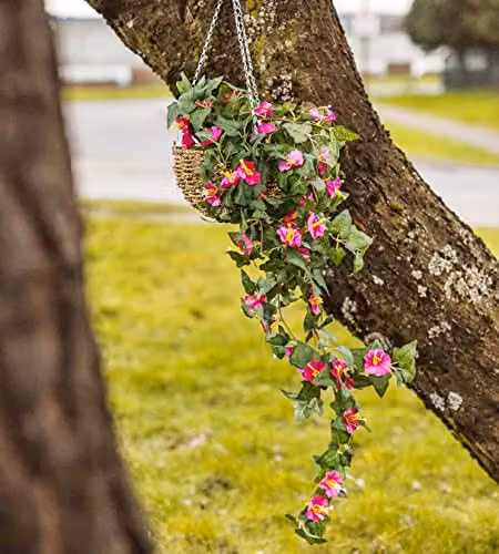 Garden Mile Artificial Trailing Faux Floral Hanging Basket with Purple and Pink Flowers and Leaves – 5