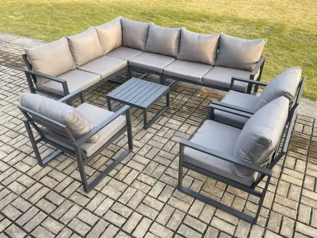 Fimous 9-Seater Aluminium Garden Furniture Set with L-Shape Corner Sofa, Chairs and Square Coffee Table in Dark Grey