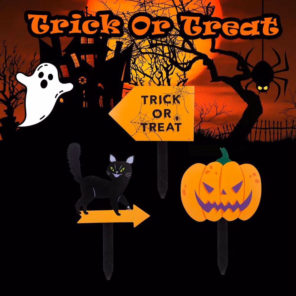 VFM e-Store Halloween Outdoor Stake Signs Cat Pumpkin Trick Or Treat, 3 Pack, Multicolour – 3