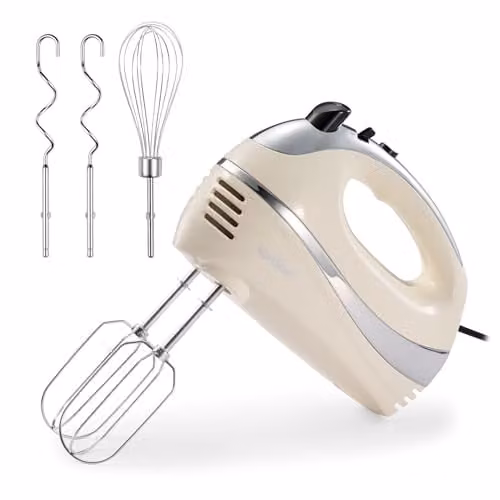 VonShef 5 Speed Electric Hand Mixer with 300W Motor and Stainless Steel Attachments, Cream