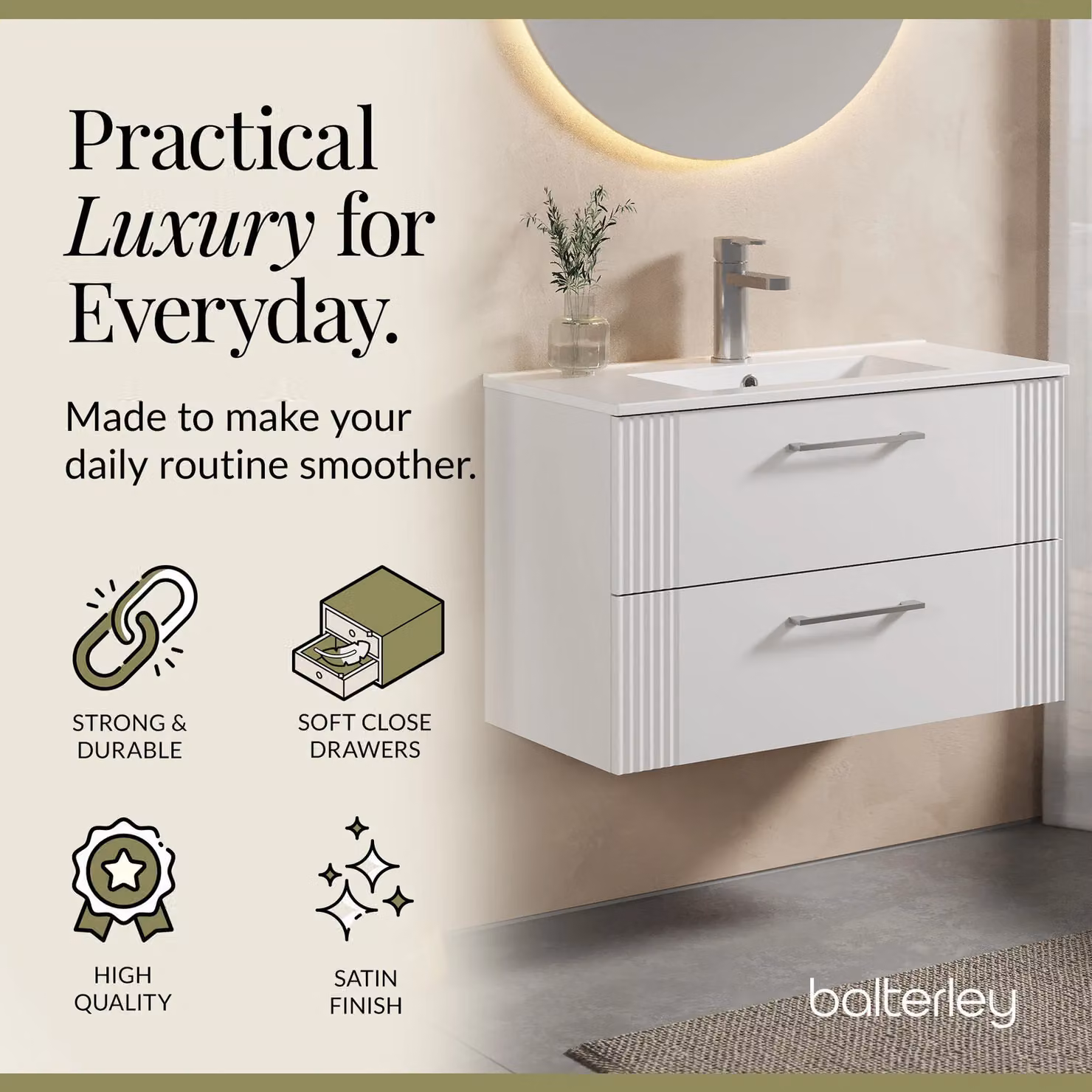 Balterley Wall Hung 2 Drawer Vanity Unit with Minimalist Basin, Satin White, Width: 80 cm – 2