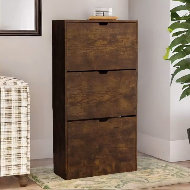 Furnold Industrial 3 Drawer Shoe Storage Cabinet with Flip Drawers in Rustic Brown