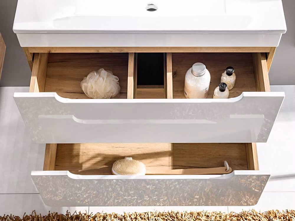 Vente-unique Modern White Glossy Suspended Bathroom Furniture Set with Vanity Unit and Two Tall Cabinets, W: 80 cm, D: 46 cm, H: 59 cm – 3
