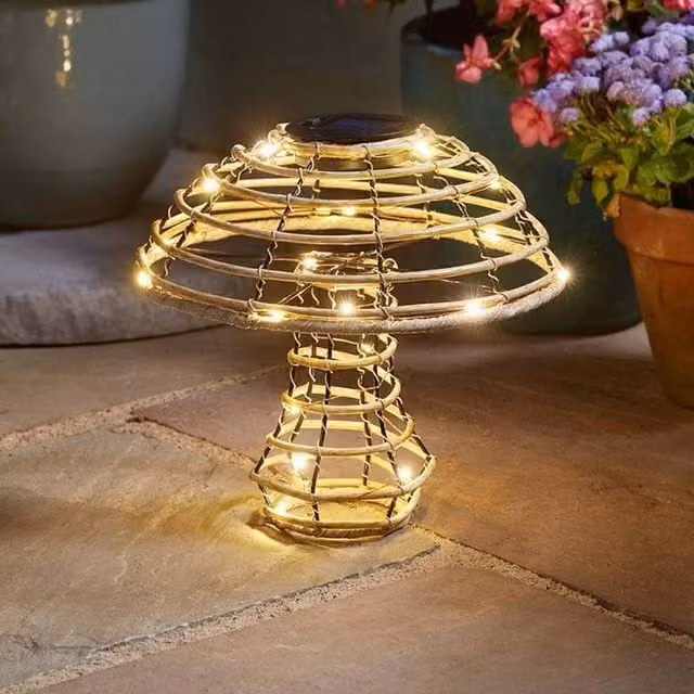 Marco Paul Large Rattan Mushroom Solar LED Lantern in Light Brown with Warm White Light, Diameter: 20 cm