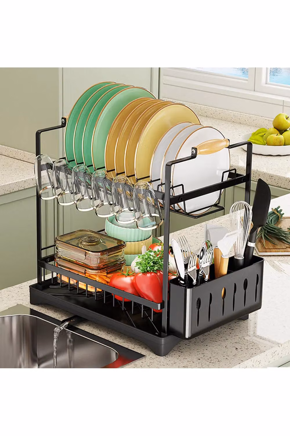 Living and Home 2-Tier Dish Drying Rack with Detachable Drainboard and Cutlery Holder, Black – 2