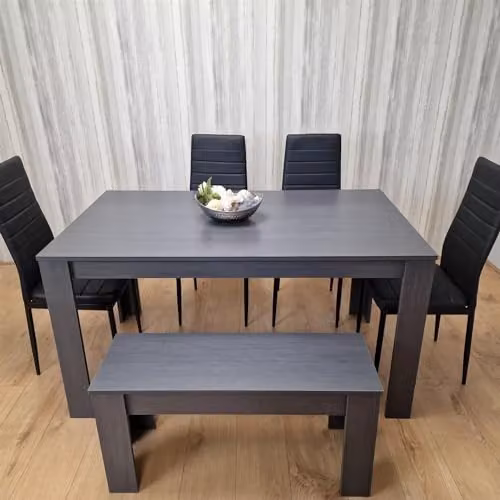 KOSY KOALA Modern Dining Set with Grey Wood Effect Table, 4 Black Chairs and Bench, W/D/H: 140 x 80 x 75 cm – 3