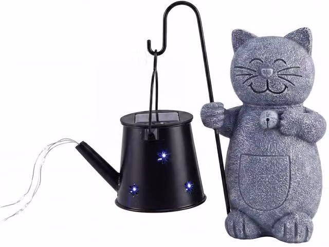 Emitto Solar Cat Garden Statue Ornament in Stone Grey and Black