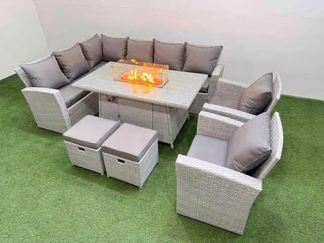 Fimous Rattan L-Shape Corner Sofa Set with Gas Fire Pit Table and 2 Footstools in Light Grey