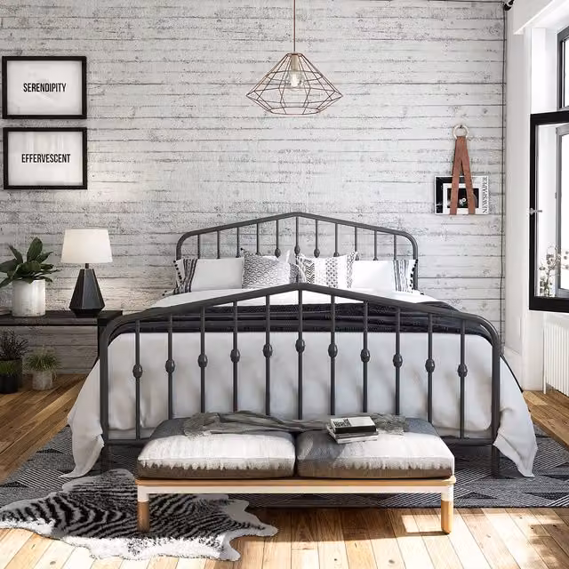 Novogratz Bushwick Industrial Metal Bed in Grey and Black, W/D/H: 180 x 200 cm