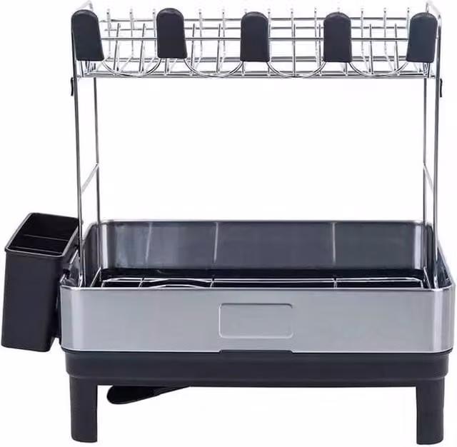 VOGREX 2-Tier Stainless Steel Dish Drying Rack with Drip Tray and Utensil Holder in Silver – 1