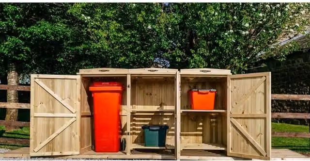 Buttercup Farm Chatburn Bin Store in Brown, Fits 1x 180L/240L Wheelie Bin and 4x Boxes, W/D/H: 192 x 80.4 x 120 cm