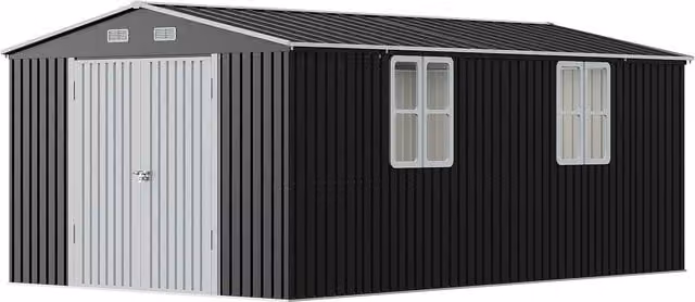 Livingandhome Apex Roof Metal Garden Shed with Windows and Double Doors in Charcoal Black and White