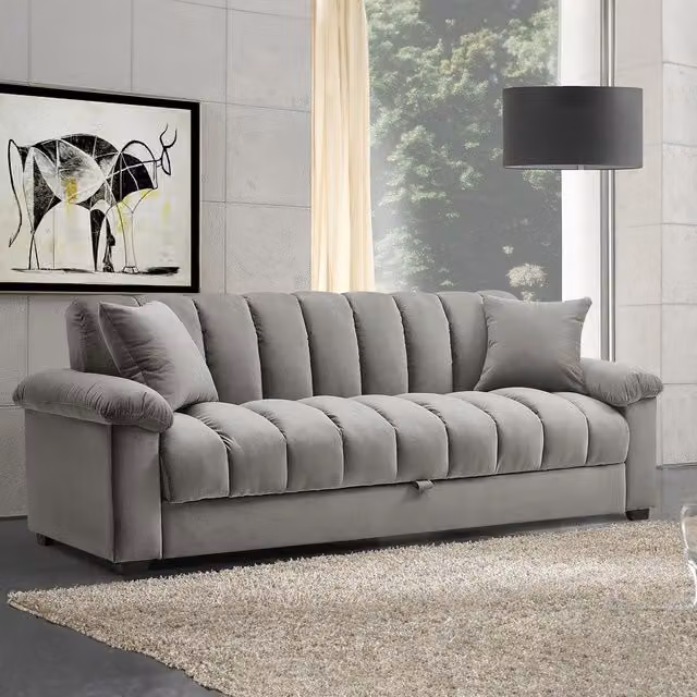 Livingandhome Grey Velvet Fabric Sofa Bed with Pull Out Drawer and Scatter Cushions