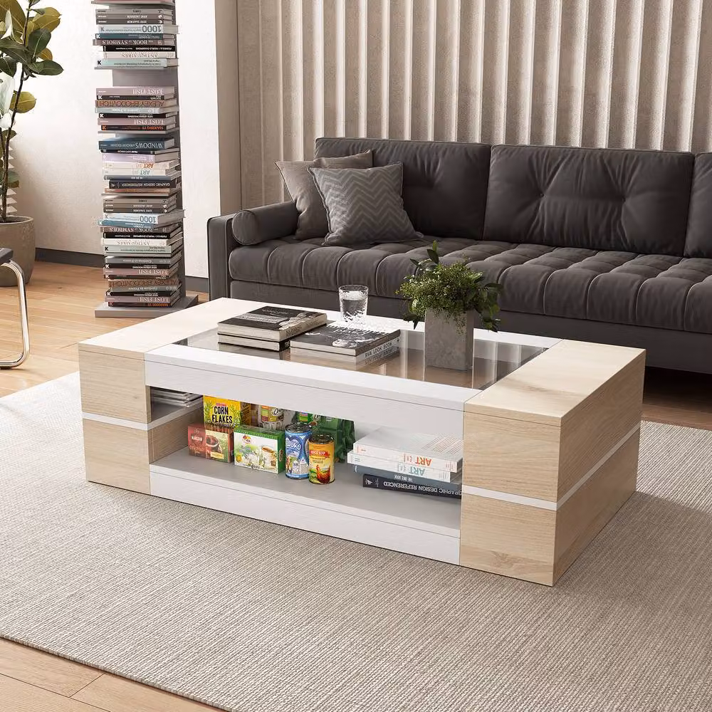 KEEPREAPER Modern Rectangular Coffee Table with Glass Top and Storage in Sand and White – 4