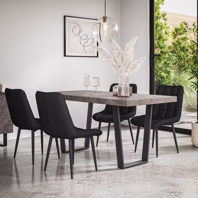 More4Homes Aria Dining Table and 4 Nova Faux Leather Chairs Set, Concrete Effect Rectangular Table with Black Metal Legs
