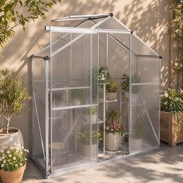 STILVORA Walk-In Greenhouse with Sliding Door, Window and Rain Gutter, Silver, H 200 cm