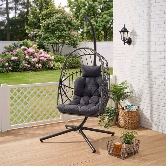 Darphe Modern Egg Hanging Garden Swing Chair with Cushions and Adjustable Headrest in Grey and Black