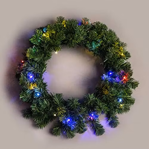Shatchi Green Alaskan Pine Christmas Wreath with Multicolour LEDs, 55 cm