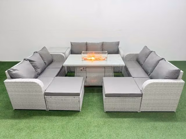 Fimous 11 Seater PE Rattan Outdoor Garden Furniture Set with Firepit Dining Table, 3 Seater Sofa, 2 Big Footstools and Side Table in Light Grey