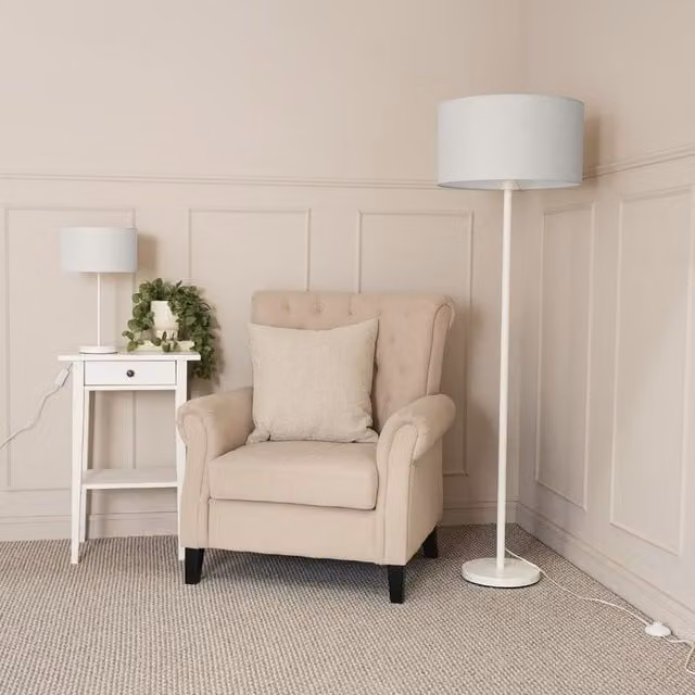 ValueLights White Metal Single Stem Floor Lamp with Grey Fabric Drum Shade – 1