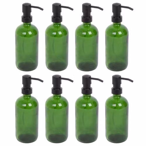 Harbour Housewares Pack of 8 Green Glass Refillable Soap Dispensers with Black Pumps, 500ml – 1
