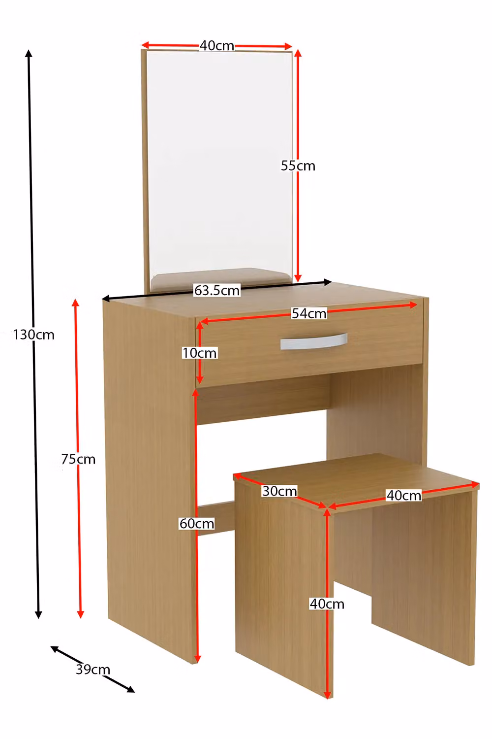 Vida Designs Isla Dressing Table Set with Built-in Mirror and Stool in Brown – 2
