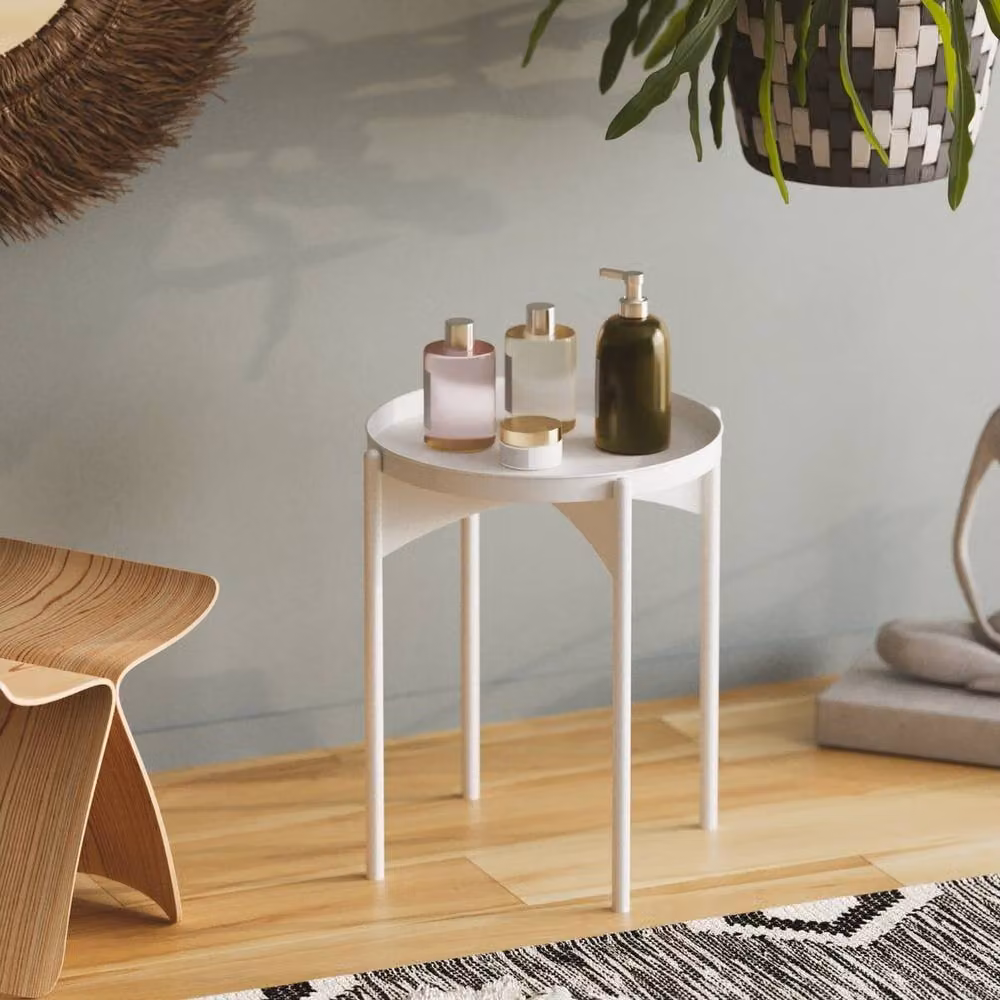 CALICOSY COLE End Table with Round Metal Top in White, Height: 57 cm – 2