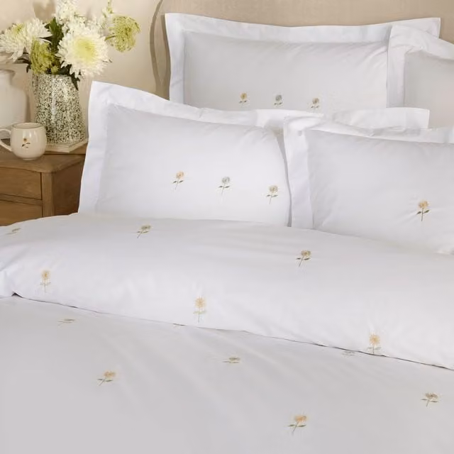 Sophie Allport White Cotton Percale Oxford Pillowcases with Embroidered Sunflowers, Pack of 2