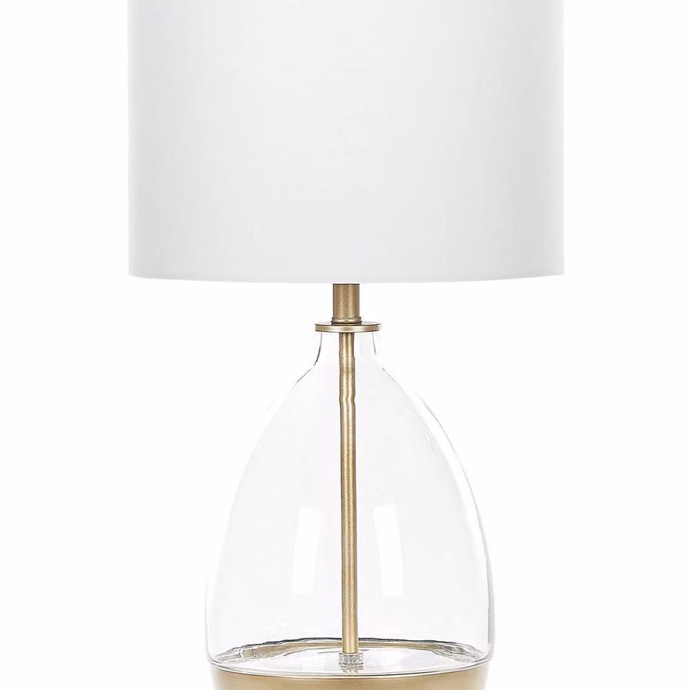 Wyld and Coco Table Lamp with Transparent Glass Base, Gold Accents and White Fabric Shade – 2