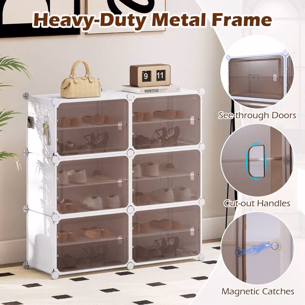 Kelvenix White 6 Tier Shoe Storage Cabinet with Glass Hinged Doors and Internal Shelves – 3