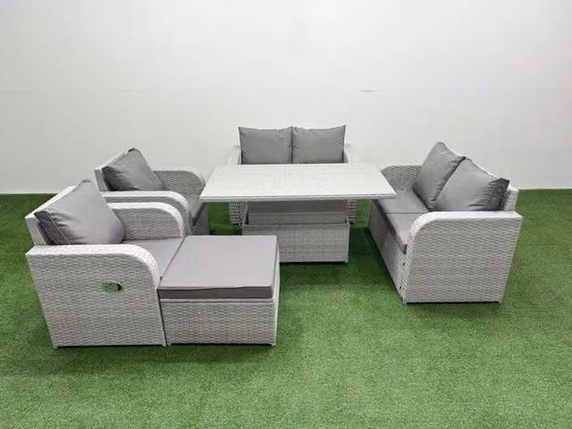 Fimous 7 Seater Rattan Garden Furniture Set in Light Grey with Reclining Sofas, Coffee Table and Matching Ottoman