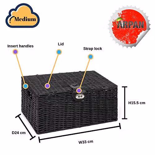 Arpan Medium Resin Woven Storage Basket with Lid and Lock in Black – 4