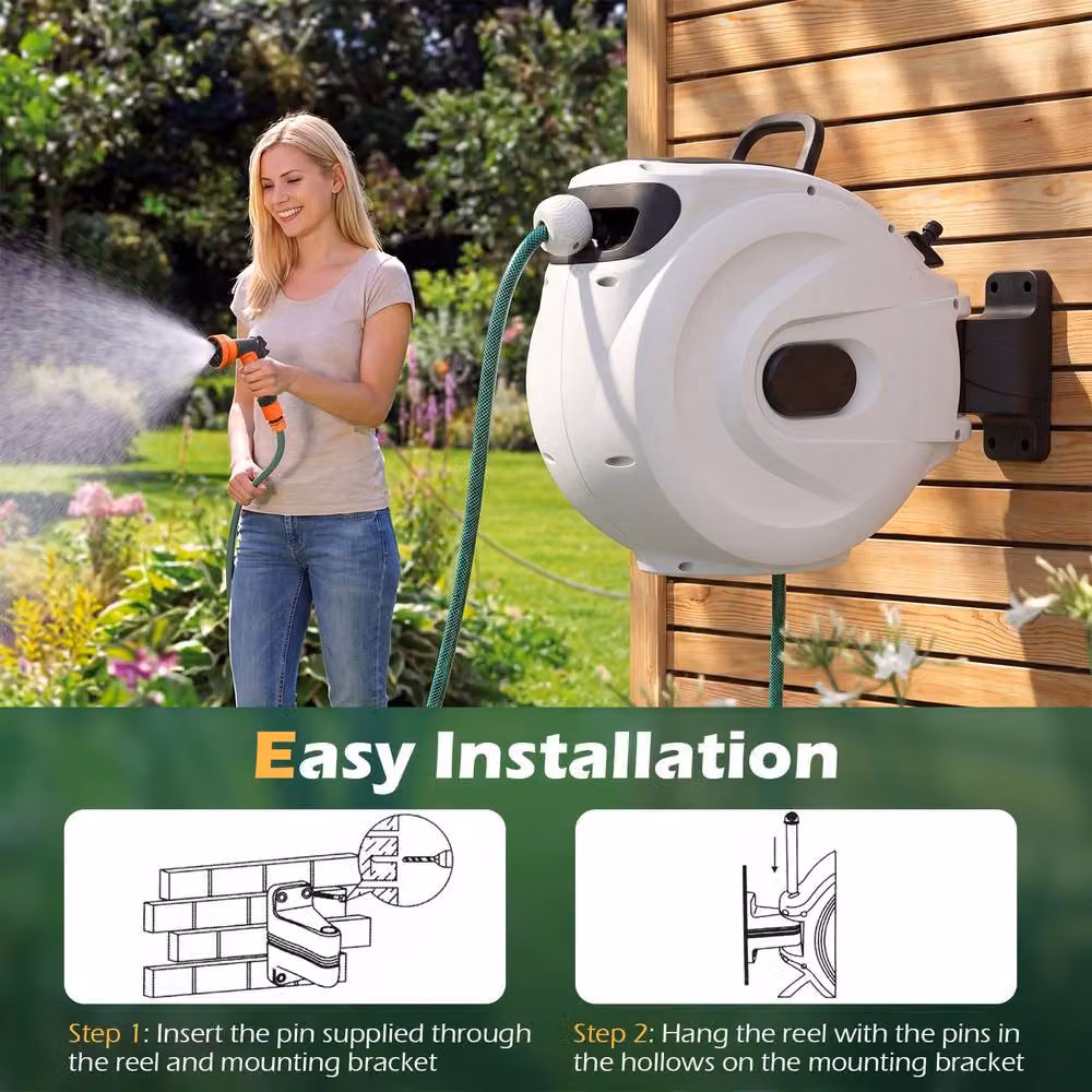 Gymax White Wall-Mounted Retractable Hose Reel with Auto-Rewind, 1/2 Inch x 30m + 2m – 4