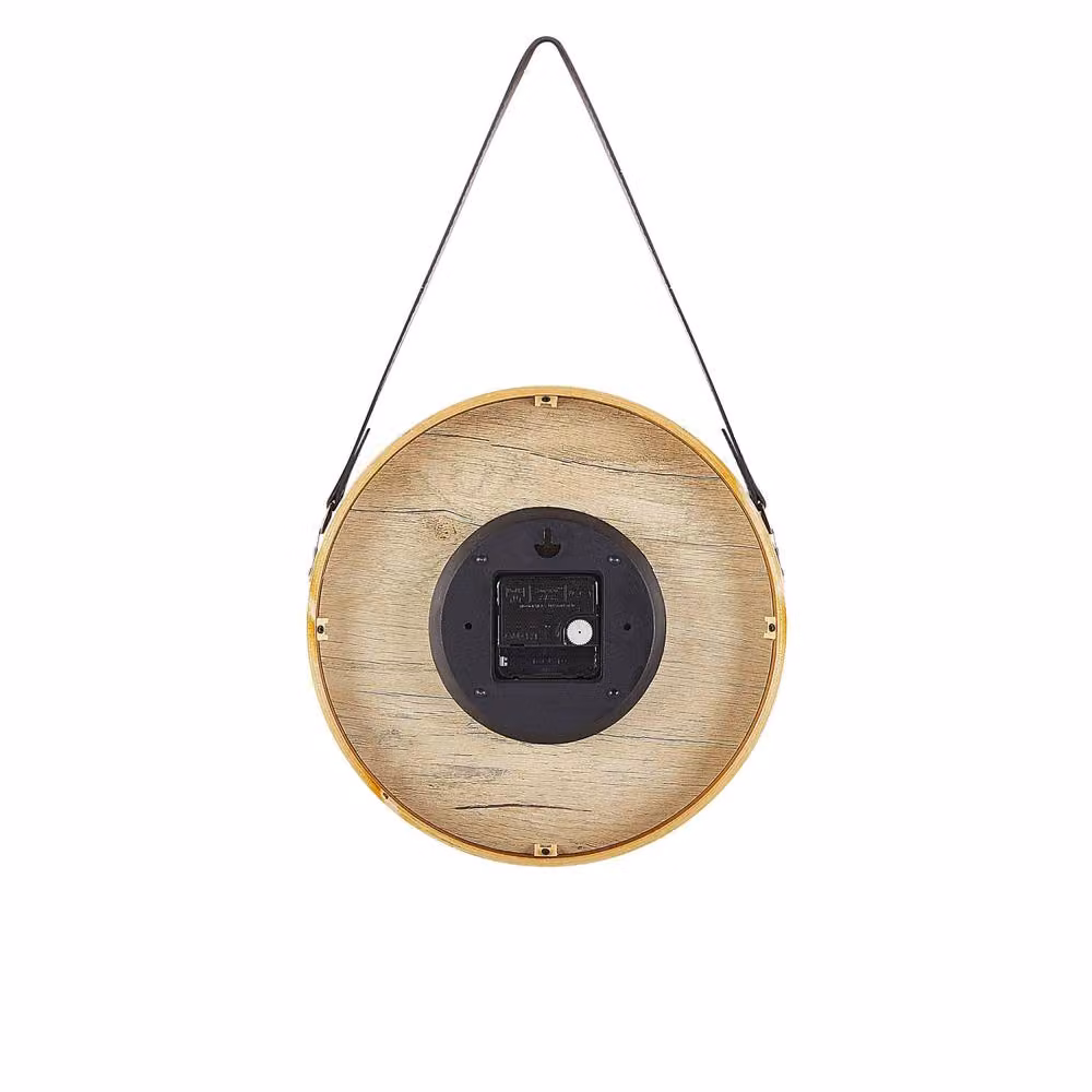 Wyld and Coco Heritage Home Round Analog Wall Clock in Brown with Faux Leather Hanger, Diameter: 26 cm – 3