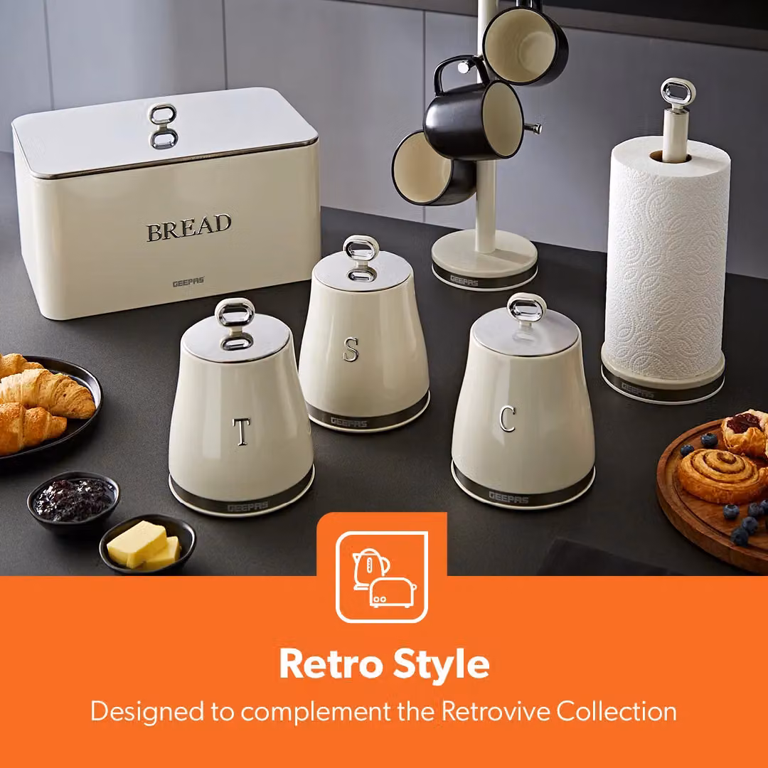 Geepas Retrovive Airtight Bread Bin 13L and 4 Piece Tea Coffee Sugar Canister Set 1.4L in Beige – 2