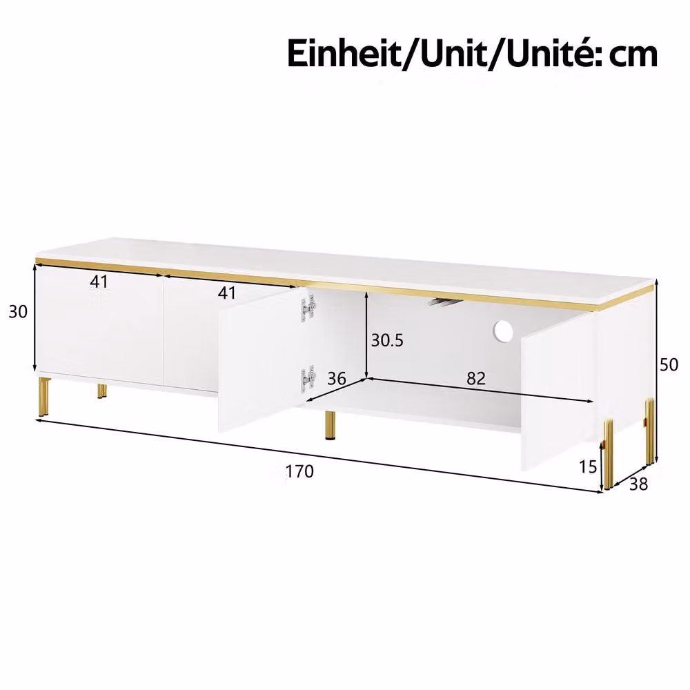 Merax Modern High Gloss TV Unit in White with Gold Metal Legs – 2