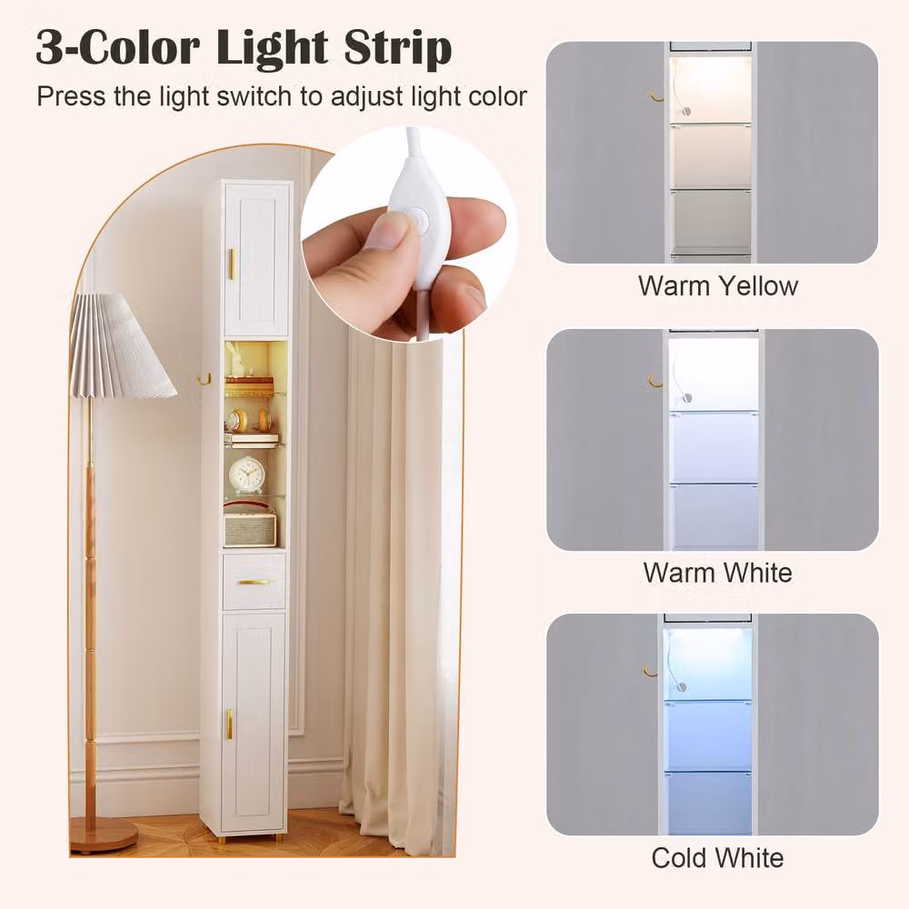 Costway Modern White Narrow Bathroom Storage Cabinet with 3 Hinged Doors and Integrated Lighting, Height: 180 cm – 2